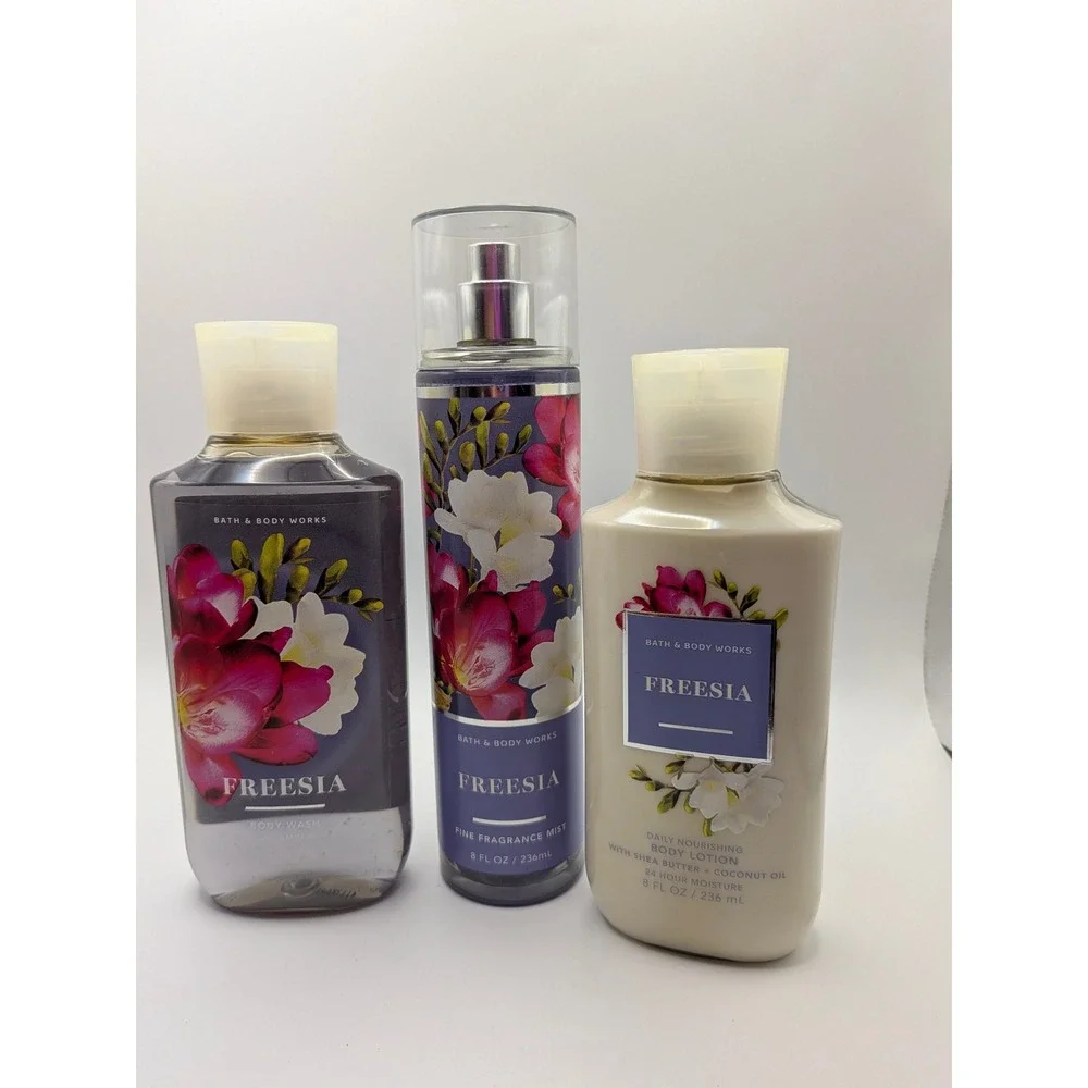 Bath & Body Works Freesia 3 Piece Set Body Mist Fragrance Spray Lotion Body Wash